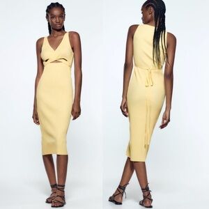 ZARA cut out ribbed midi dress pastel yellow butter yellow size medium summer